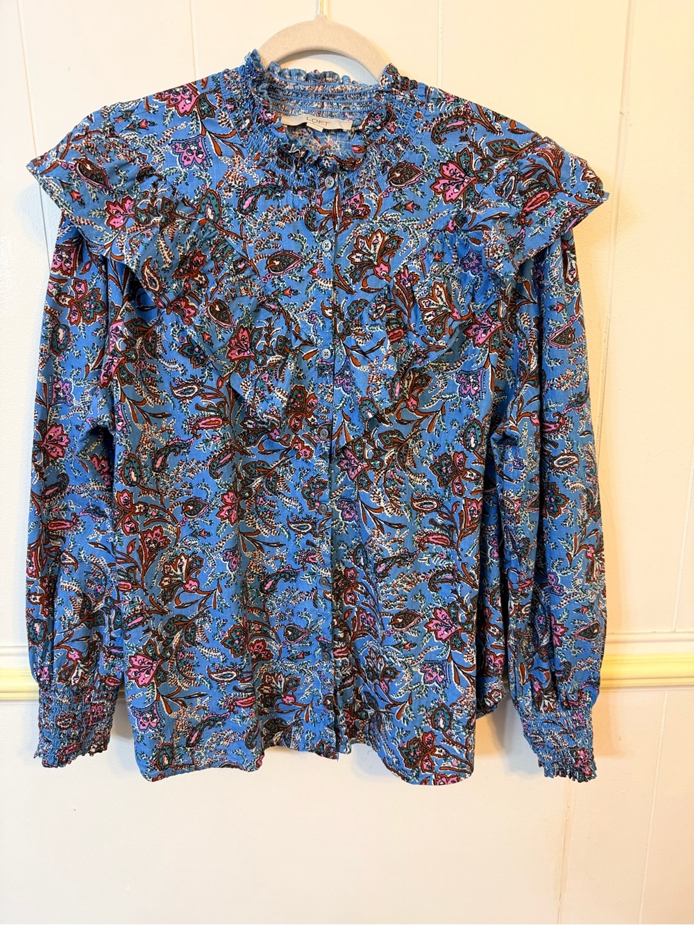 LOFT Blue Floral Ruffle-Trim Button Front Blouse
